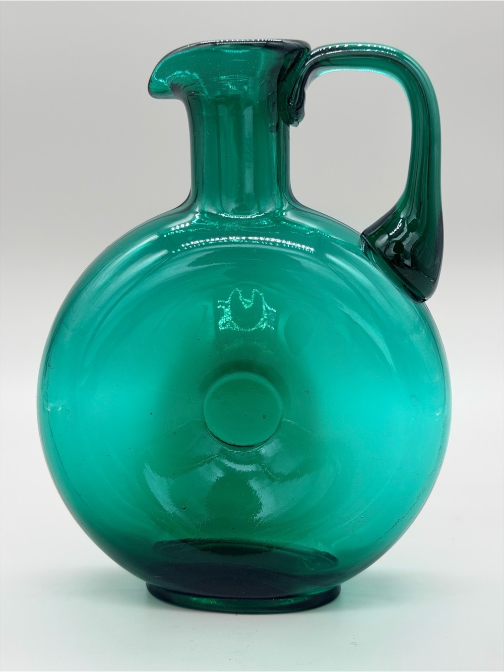 Vtg Mid-Century Modern Teal Green Glass Donut Decanter O-Ring Wine Carafe 6.5"